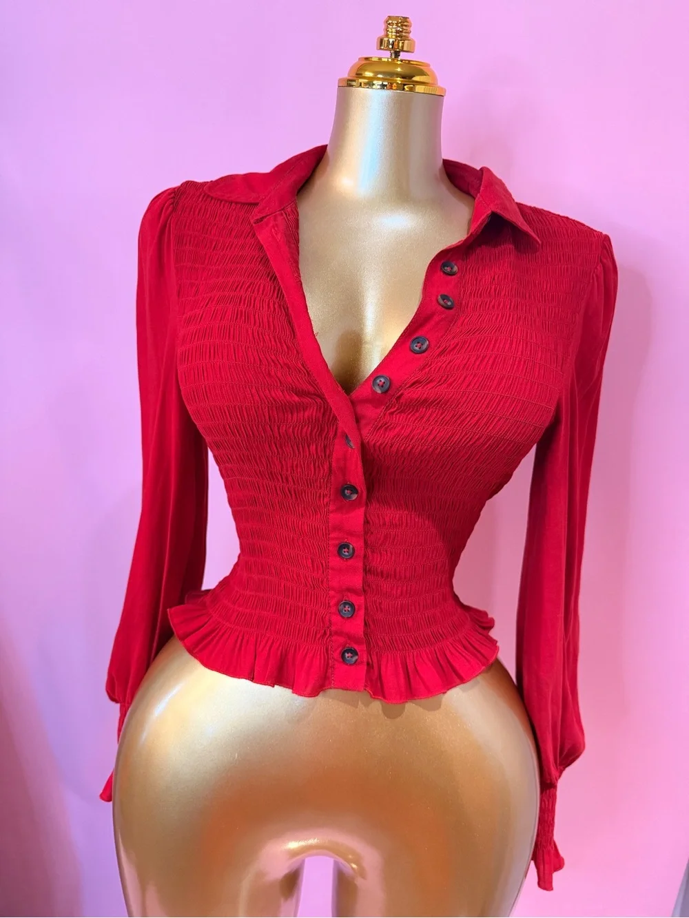Free People Red Ruched Button-Front Long Sleeve Top